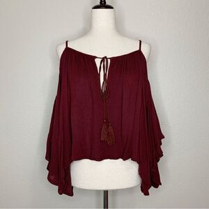 Sans Souci Boho Burgundy Cold Shoulder Tassels Bell Sleeves Top
